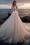 A Line Pink Long Sleeves Round Neck Tulle Wedding Dresses with Appliques, Wedding Gowns STI15012