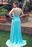 A-line V-neck Mint Blue Long Prom Dresses, Backless Evening Dresses With Split