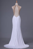 2024 Prom Dresses Scoop Spandex With Beads And Slit Sweep PES886FG