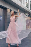 Simple A Line Pink V Neck Tulle Sleeveless Prom Dresses Long Bridesmaid Dresses STI15383