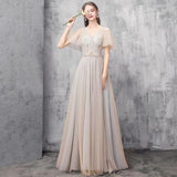 Elegant Off Shoulder Floor Length Tulle Prom Dress, Lace up Bridesmaid Dresses STI15185