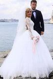 Elegant Ball Gown Lace Long Sleeve Wedding Dresses with Appliques, Tulle White Bridal Dress STI15156