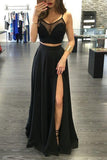 Custom Made Black Popular Two Pieces Floor Length Spaghetti Straps Prom Dresses