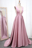 Simple V Neck Sleeveless Long Prom Dress A Line Ruched Long PSDB345R