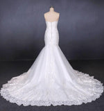 Charming Strapless Sweetheart Mermaid Lace Appliques White Wedding Dresses STI15128