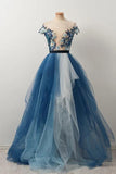 Blue Off the Shoulder Tulle V neck Cap Sleeve Beads Prom Dresses with Applique STI15080