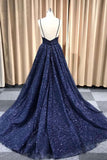 Sparkly Plunging Neckline Long Prom Dresses, Glitter Backless Evening Dresses