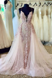 Sheath V-neck Lace Appliques Beaded Spaghetti Long Prom Dresses With Overskirt