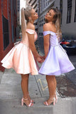 Simple Short Prom Dresses A-Line Satin Off-Shoulder Homecoming Dresses