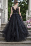 A-line V-neck Lace Tulle Long Black Wedding Dresses