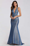 Sexy V Neck Halter Blue Backless Prom Dresses, Cheap Long Party Dresses STI15365