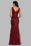 Sexy Burgundy Tulle V Neck Mermaid Sequin Prom Dresses, Evening Party Dresses STI15332