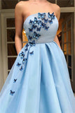 Unique A Line Blue Strapless Tulle Prom Dresses with Butterfly, Pockets Formal Dresses STI15449