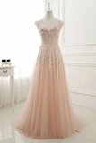 A Line Sheer Neck Cap Sleeves Tulle Prom Dresses Appliques Sweep Train Formal STIPTEXZSTC