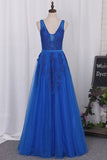 2024 V Neck Prom Dresses A Line Tulle With Applique PT7JMC96