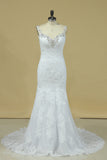 2024 Spaghetti Straps Wedding Dresses Mermaid Open Back With Applique And PTJM5FSE