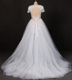 A-line Short Sleeves Beads V Neck Lace Applique Wedding Dresses, Bridal Dress STI15051