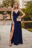 Sexy V Neck Long Spaghetti Straps Mermaid Navy Blue Prom Dresses with High Split STI15366