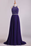 2024 Chiffon & Tulle Prom Dresses Halter Beaded Bodice Sweep Train Open PHMP44E7