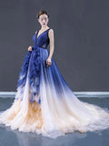 Ball Gown Ombre V Neck Tulle Royal Blue Long Prom Dresses, Quinceanera Dresses STI15067