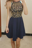 2024 Satin Halter Homecoming Dresses A Line Beaded PNDJ3G69