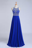 2024 Halter A-Line/Princess Dark Royal Blue Prom Dresses Tulle And Chiffon Sweep P348MBJB