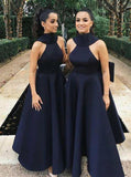 Ball Gown High Neck Satin V Neck Bridesmaid Dresses with Bowknot, Wedding Party Dress STI15559