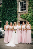 A Line Pink One Shoulder Chiffon Long Simple Bridesmaid Dresses, Wedding Party Dresses STI15552