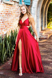 Simple Red V Neck A Line Satin Split Long Prom Dresses