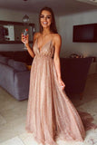 Flowy A Line Spaghetti Straps Champagne V Neck Prom Dresses with Sequins STI15227