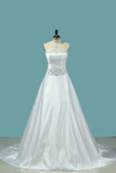 2024 Satin Wedding Dress Strapless A Line With Beads And PBCZHGCD