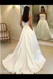 Strapless Simple Ivory Satin A Line Pleated Wedding Dresses With Court Train P41MYYB9