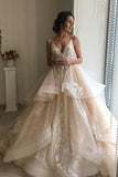 Spaghetti Straps V Neck Wedding Dresses with Layer, Sleeveless Wedding Gowns STI15424