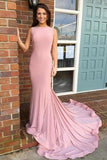 Boat Necking Long Sheath Pink Elegant Simple Cheap Prom Dresses PRMXFF6Z