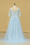 2024 Mother Of The Bride Dresses A Line Bateau Tulle With Applique And Sash Sweep Train Plus Size Light Sky P6HLNEAN