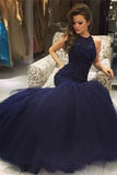 Mermaid Navy Scoop Sleeveless Prom Dress with Beading