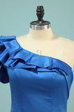 2024 One Shoulder Pleated Neckline Column Satin Prom Dress P6BAJ143