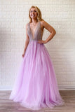 A Line Lilac Deep V Neck Beads Modest Tulle Prom Dresses, Long Formal Dresses STI15490