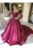 Prom Dress With Long Sleeves And Floral Embroidery Burgundy Colored Court STIPJ8SLMB9