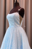 Charming A Line Spaghetti Straps Blue Tulle Prom Dresses with Stars, Dance Dresses STI15503