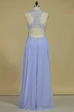 2024 Prom Dresses Open Back Scoop Chiffon With Applique And Beads Sweep Train A PM7JY5Q7