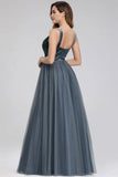 A-Line V-Neck Sleeveless Blue Floor-length Evening Dress Cheap Prom Dresses STI15055