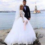 Elegant Ball Gown Lace Long Sleeve Wedding Dresses with Appliques, Tulle White Bridal Dress STI15156