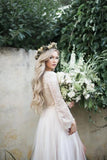 Princess Long Sleeve Lace Top Beach Wedding Dresses With Slit Tulle Ivory Wedding Gowns STI15299