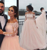 Off the Shoulder Long Sleeves Pink A-line Wedding Dresses, Blush Pink Tulle Bridal Dresses STI15270