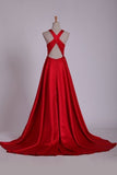 2024 Red V Neck Evening Dresses A Line Sweep Train With Slit P4465NK5