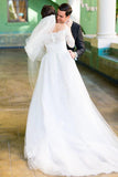 Long Sleeve Off the Shoulder Tulle Wedding Dresses, A line Lace Elegant Wedding Gowns STI15244