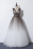 Elegant A Line Long Tulle V Neck Straps Prom Dresses, Lace up Party Dresses STI15147