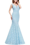 Sexy Fitted Lace Mermaid Blue V Neck Long Prom Dresses Evening Dresses STI15334