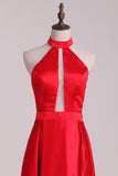 New Arrival Halter A Line Evening Dresses Satin Sweep STIPXRSZSBM